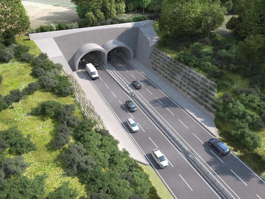 Rendering der geplanten Tunnelzufahrt der Umgehungsstraße Hosingen mit zwei Röhren, Begrünung und moderner Verkehrsinfrastruktur zur Entlastung der Innenstadt